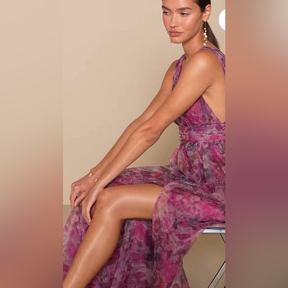 Lulus Garden Romance Magenta Floral Organza Gown Medium - Picture 5 of 8